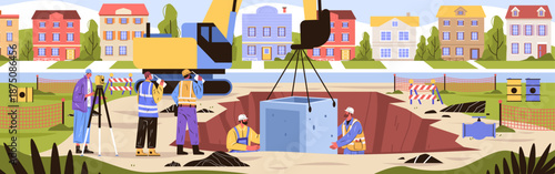 Construction workers civil engineering teamwork heavy machinery urban excavation site surveyors safety vests pipeline installation residential neighborhood