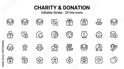 Charity and Donation Line Icons Set – Editable Stroke Vector Icons
