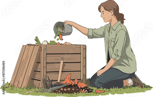 Vector illustration of a woman composting food scraps in a wooden bin for sustainable gardening, eco-friendly lifestyle, and organic recycling.
