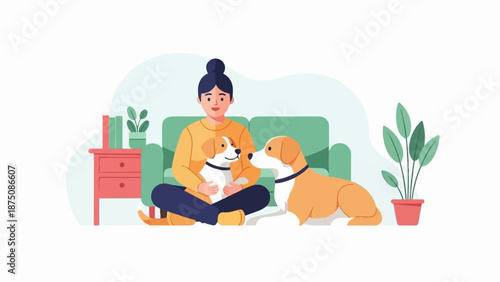 A cheerful illustration of a woman interacting with two dogs in a home setting, surrounded by plants