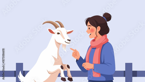 A cheerful person with a scarf interacts playfully with a white goat standing on its hind legs at a fence