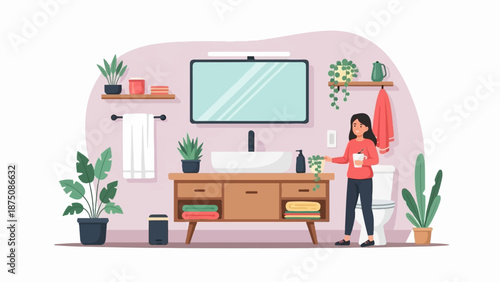 A cheerful woman caring for potted plants in a modern, pink-walled bathroom with stylish fixtures