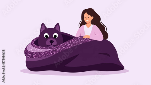 A cheerful young woman and a cute purple dog cuddle cozily in a soft, sparkly purple blanket