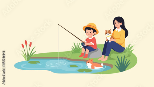 A child fishes by a pond with a woman holding a dog and another dog swimming nearby in a peaceful outdoor scene
