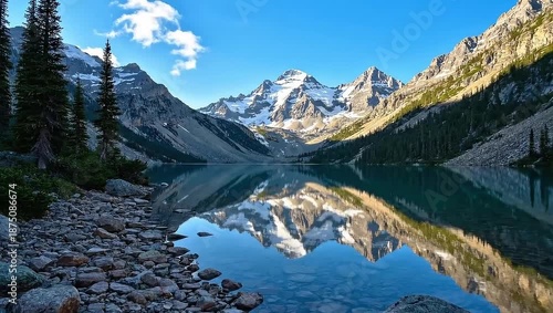 Serene Mountain Lake Reflection with Snowy Peaks and Evergreen Trees