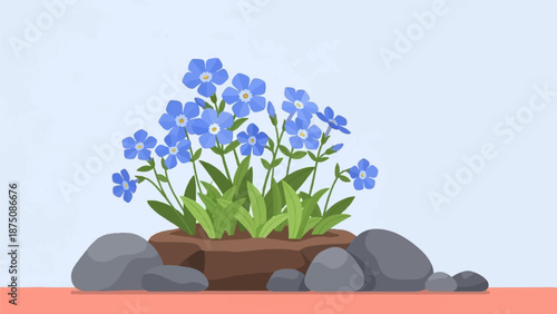 A cluster of blue flowers with green leaves in a brown planter, accented by grey rocks, on a serene background