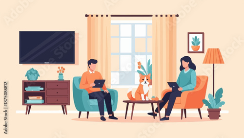 A couple and their dog relaxing in a cozy living room, both using laptops. Flat illustration