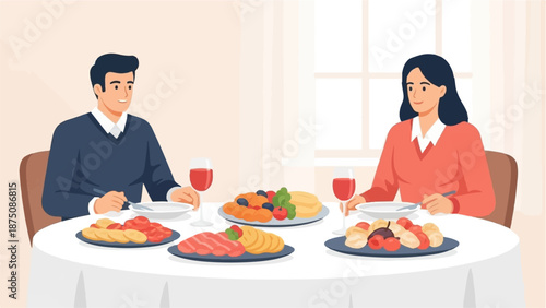 A couple enjoys a delightful dinner with multiple dishes and wine at a round table, celebrating togetherness