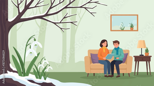 A couple enjoys a warm indoor moment on a couch, while outside, snowdrops brave the lingering winter