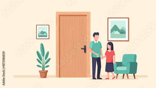 A couple holding hands in a minimalist room with a wooden door, potted plant, wall art, and an armchair