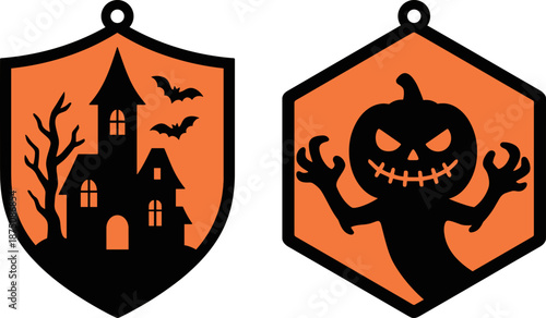 Pumpkin & Haunted House Sun Catcher Bundle SVG, Halloween Window Decor, Laser Cut File Glowforge, Stained Glass Acrylic Ornament, Tombstone Gate