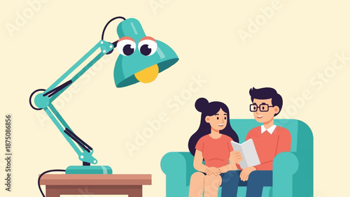 A couple reads a book on a couch under a whimsical desk lamp with eyes, on a light background