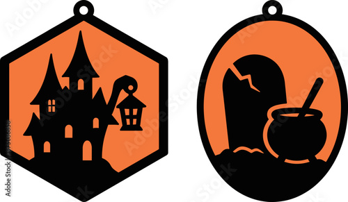 Witch Haunted House Suncatcher Bundle SVG, Halloween Window Decor, Laser Cut File Glowforge, Stained Glass Acrylic Ornament, Tombstone Gate