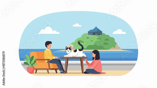 A couple relaxes by the sea with their cat on a table, an island with a house in the background