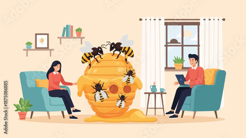 A couple relaxes in a room with a giant beehive oozing honey, surrounded by buzzing bees