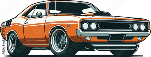 Classic orange muscle car illustration with black racing stripes and vintage automotive styling isolated on white background for retro design