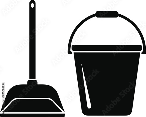 Black silhouette of plastic cleaning bucket and long handle dustpan isolated on white background for domestic housework and sanitation concepts