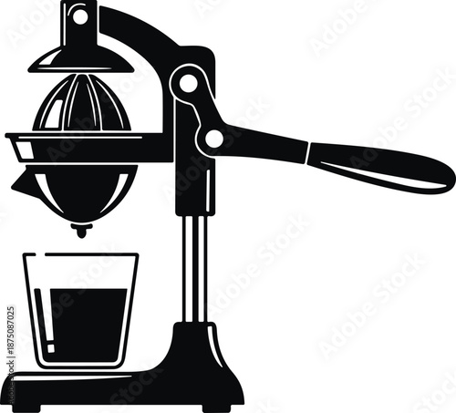 Black silhouette of manual citrus juicer press with glass of fresh juice isolated on white background for healthy lifestyle concepts