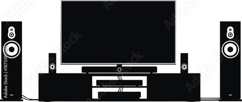 Black silhouette of home cinema system with widescreen television and surround sound speakers isolated on white background for modern living technology