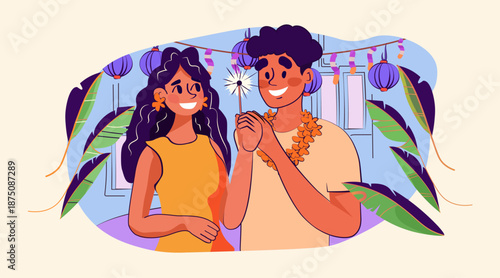 Couple celebrating tropical festival party holding sparkler festive decorations lanterns garlands palm leaves smiling characters colorful background