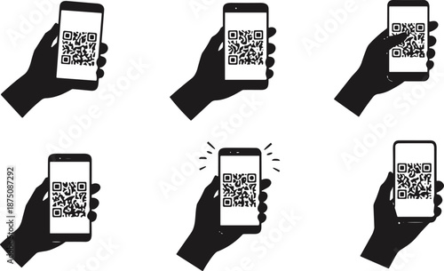 Black silhouette of hands holding smartphones with QR codes isolated on white background for digital payment and mobile scanning technology concepts