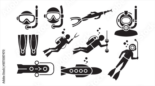 Diving equipment and ocean exploration symbols set isolated on white