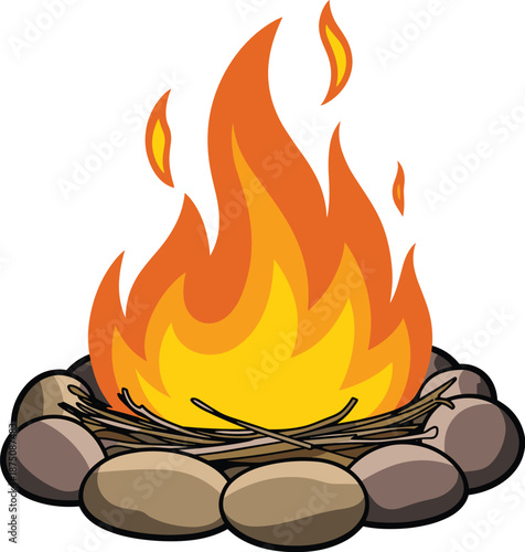 Cartoon campfire with burning flames and stones circle vector illustration isolated on white background for outdoor camping adventure design