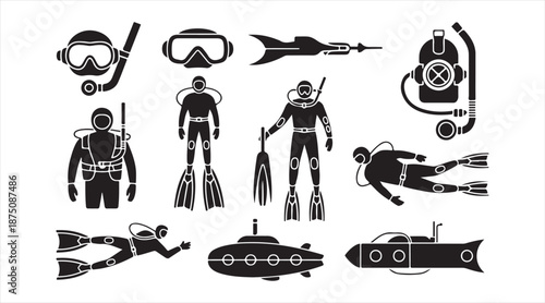 Scuba diver and underwater gear icon collection in black silhouette style