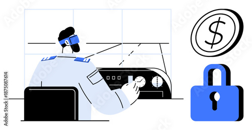 Cybersecurity, financial management, surveillance, data protection, secure transactions, cryptography. Person monitoring a control panel with a lock and dollar coin. Cybersecurity and financial