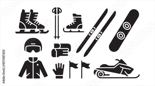 Winter sport gear and activity icon collection in black silhouette style