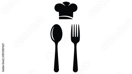 simple black silhouette of chef hat with spoon and fork