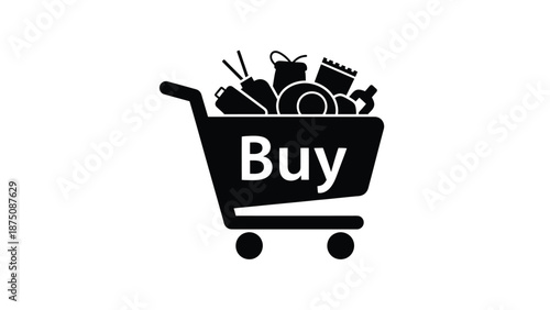 shopping cart filled with goods and the word buy