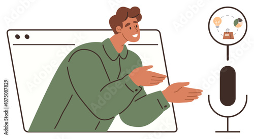 Online education, virtual conferences, content creation, digital marketing, podcasting, remote work. Man gesturing from a browser window toward a microphone. Online education and virtual conferences