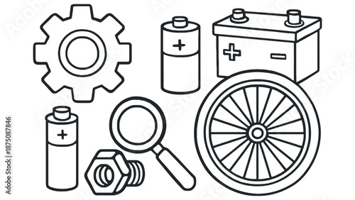 A collection of tools and mechanical parts for repair and maintenance work