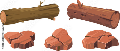 Cartoon wooden logs and chopped tree stumps set, forest timber elements, game asset illustration isolated on white background