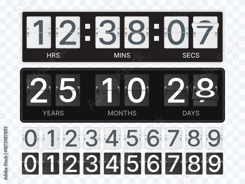 White and Black Flip Clock and Timer Vector Set, Mechanical Split-Flap Display with Hours, Minutes, Seconds, Years, Months and Days, Retro Time Counter and Countdown Illustration
