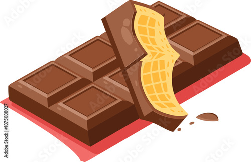 chocolate bar with crunchy wafer illustration, broken sweet candy dessert, tasty snack food design, creamy filling texture, bakery confectionery treat