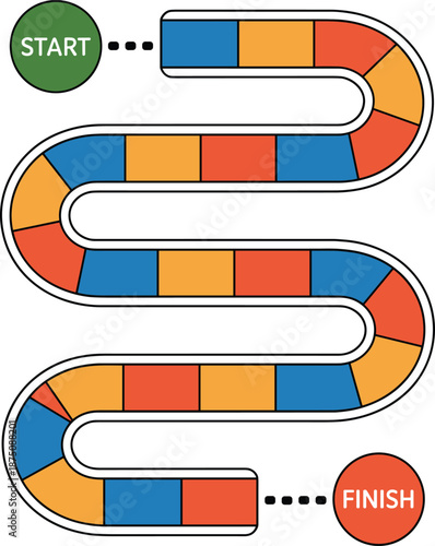 Colorful board game path with start and finish circles winding road layout vector illustration isolated on white background design