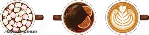 coffee cup top view set, hot chocolate marshmallow, spiced tea orange slice, latte art cappuccino, cafe beverage menu illustration