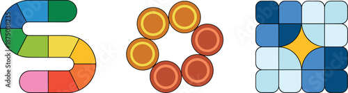 Colorful board game track, round tokens and puzzle tile grid illustration set for kids educational tabletop game design projects