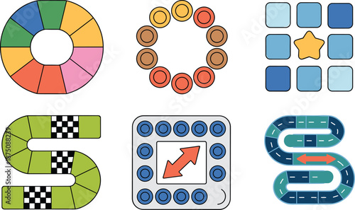 Colorful board game paths, tokens, tracks and dice spaces illustration set for kids educational tabletop games and family entertainment
