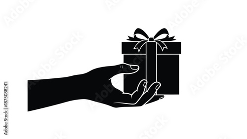 A hand holding a gift box with a ribbon