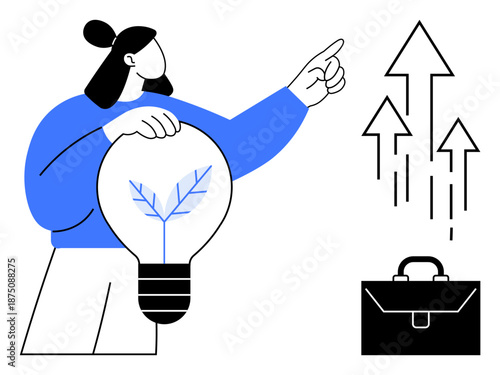 Business growth, innovation, eco-conscious ideas, career development, entrepreneurship, guidance. Person with light bulb pointing to arrows and briefcase. Business growth and innovation concepts