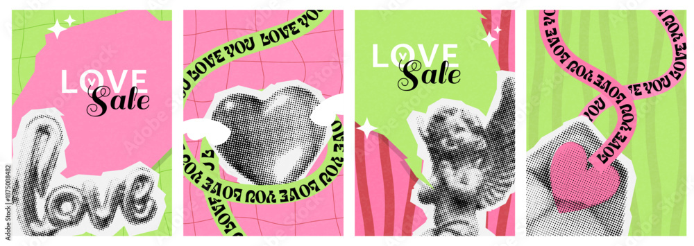 Naklejka premium valentine day halftone collage poster set. a4 card with retro cut out paper elements in y2k style. heart, cupid, angel, love, ripped sticker in vector dotted effect