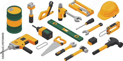 Construction and mining heavy machinery illustration, excavators, drilling rigs, loaders, tools and safety helmet, industrial worksite vector collection