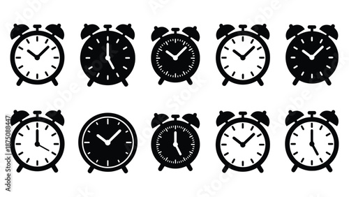 A collection of black and white alarm clock icons on a plain background