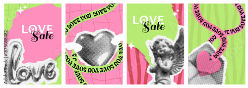 valentine day halftone collage poster set. a4 card with retro cut out paper elements in y2k style. heart, cupid, angel, love, ripped sticker in vector dotted effect