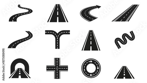 A collection of various road signs and highway symbols on a white background
