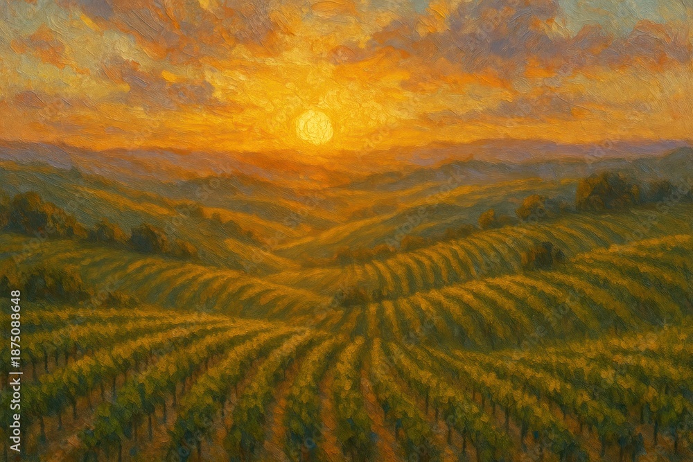 Fototapeta premium Vibrant sunset over vineyard landscape background