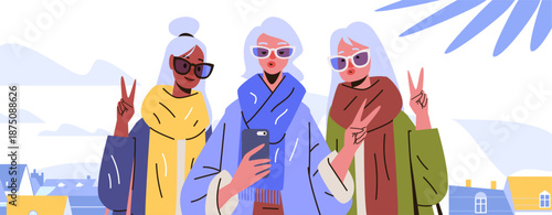Active seniors group selfie outdoor winter clothing peace gesture sunglasses colorful houses background modern flat design